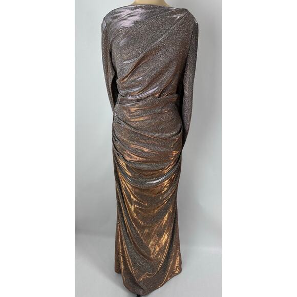 Betsey & Adam Size 14 Cape Sleeve Drape Metallic Evening Gown Taupe Modest $258 - Picture 9 of 14